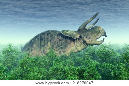Computer generated 3D illustration with the dinosaur Nasutoceratops in the forest