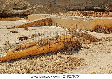 Hatshepsut Temple ruins in Luxor near Nile river. Egypt