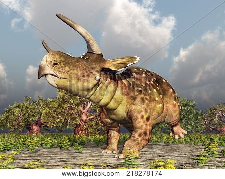 Computer generated 3D illustration with the dinosaur Nasutoceratops in a landscape