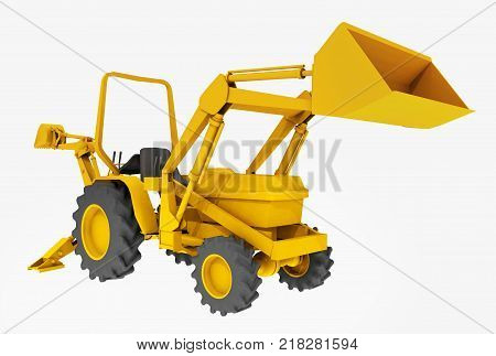 Computer generated 3D illustration with a compact tractor, front loader and backhoe, isolated on white background