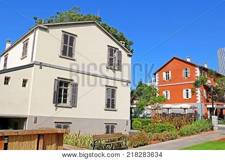 Sarona open air commercial center in Tel Aviv, Israel. It's a culture, leisure and shopping center build on 37 original restored buildings of German Sarona Templer settlement from 1871