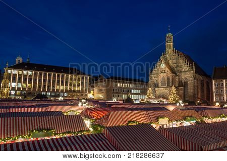 Panorama Of The Christmas Market In Nuremberg During Blue Hour