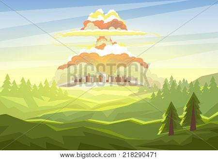 Explosion of nuclear bomb over city, vector illustration
