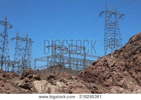 Pylon with electricity Power Lines at Hoover Dam on the Stateline of Nevada and Arizona. USA
