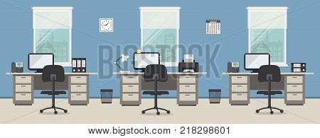 Office room in a blue color. Workplace of office workers with gray furniture on a windows background. There are desks, black chairs, phones, a printer, a clock and other objects in the picture. Vector