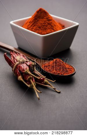 Red Chilly Powder in a bowl with dried red chillies over colourful background or pile of red chilli powder over plain background