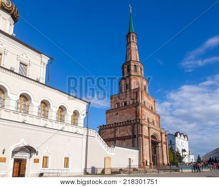 Kazan Kreml House church and leaning Soyembika Tower (Khan's Mosque). Kazan Kremlin is a UNESCO World Heritage Site and  historic citadel of Tatarstan in Russia