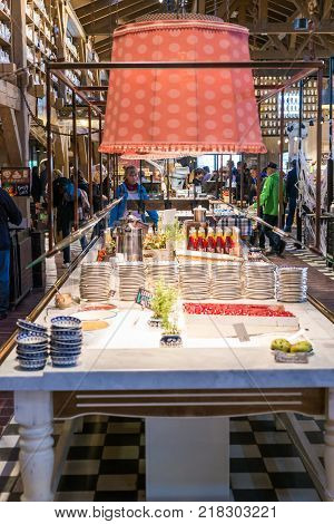 Germany / Koserow - October 21, 2017: Customers of the Karls store in Koserow choosing food in the restaurant