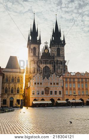 Kostel Panny Marie pred Tynem at the sunrise. Church of the Virgin Mary. Beautiful Old Town Square with the church without people in Romanesque - Gothic style.