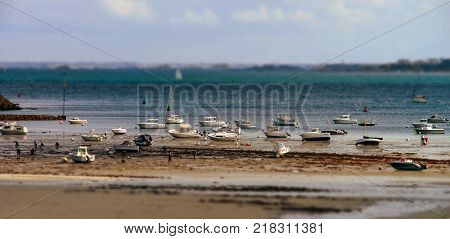 Low Tide Water On Coastline, Yellow Sand Of The Beach, Bretagne