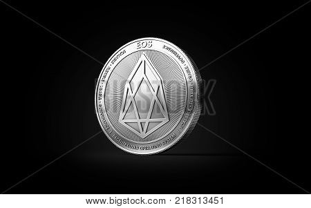 Silver EOS cryptocurrency physical concept coin isolated on black background. 3D rendering