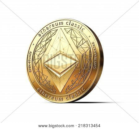 Golden Ethereum Classic ETC cryptocurrency physical concept coin isolated on white background. 3D rendering