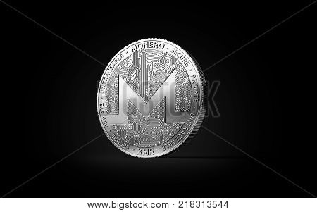 Silver Monero XMR cryptocurrency physical concept coin isolated on black background. 3D rendering