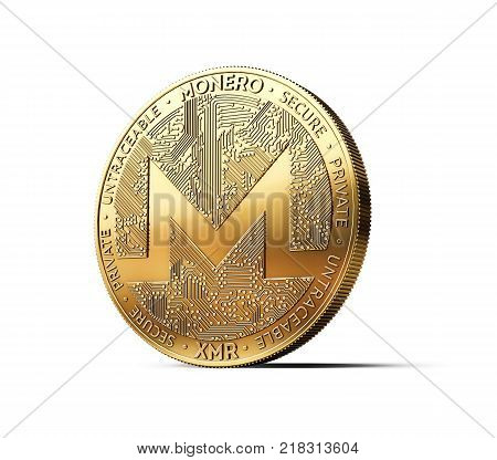 Golden Monero XMR cryptocurrency physical concept coin isolated on white background. 3D rendering
