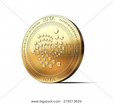 Golden IOTA cryptocurrency physical concept coin isolated on white background. 3D rendering