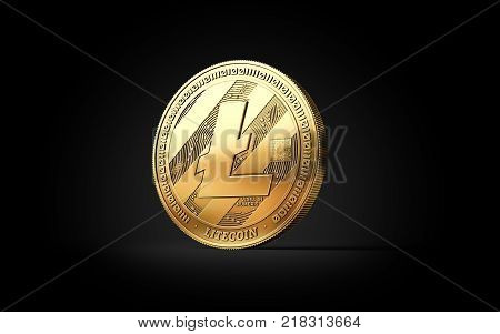 Golden Litecoin LTC cryptocurrency coin isolated on black background. 3D rendering
