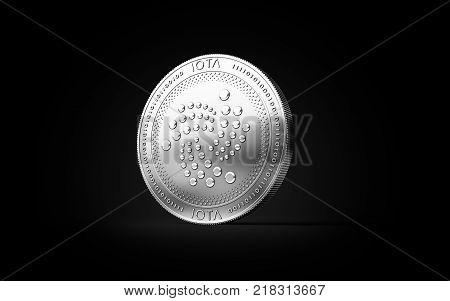 Silver IOTA cryptocurrency physical concept coin isolated on black background. 3D rendering