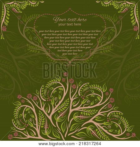 Spring botanical cards for party or wedding day with branches. Vector illustration. Forest elven ornament card. Spring.