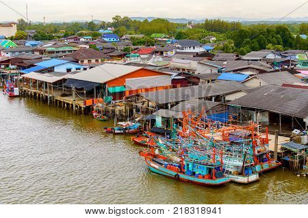 Fishing village on the river in rural Thailand