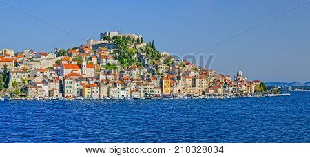 SIBENIK, CROATIA - April 22, 2017 Panoramic view of the old city center on a beautiful sunny day.