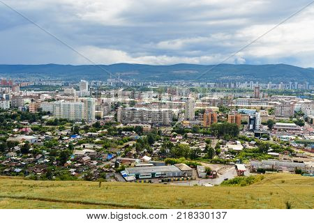 View Of Krasnoyarsk From Karaulnaya Mountain Viewpoint. Russia