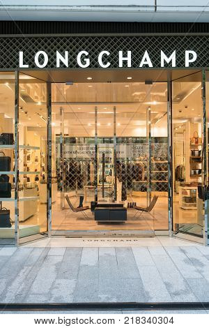 Longchamp shop at Emquatier, Bangkok, Thailand, Oct 15, 2017 : Luxury and fashionable brand visual merchandised idea. New collection of fashion bags display.