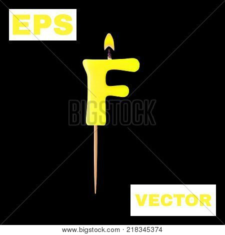 Realistic candle letter F isolated on black background. 3d. Stock - Vector illustration