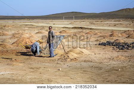 Ait Saoun Morocco - February 22 2016: Vintage model of manual sand filter equipment to filter sand in Ait Saoun region of Morocco.