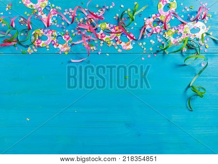 Colorful Party Accessories On Wooden Background, Top Niew, Copy Space