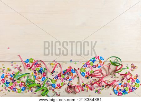 Colorful Party Accessories On Wooden Background, Top Niew, Copy Space