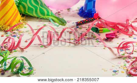 Colorful Party Accessories On Wooden Background, Top Niew, Copy Space