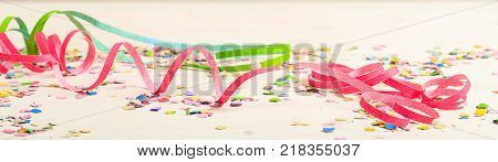 Colorful Party Accessories On Wooden Background, Top Niew, Copy Space