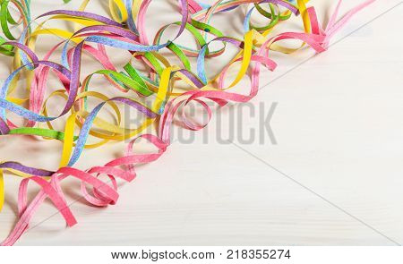 Colorful Party Accessories On Wooden Background, Top Niew, Copy Space