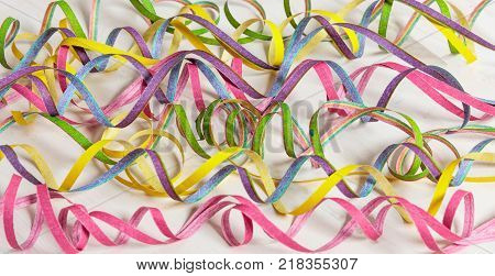 Colorful Party Accessories On Wooden Background, Top Niew, Copy Space