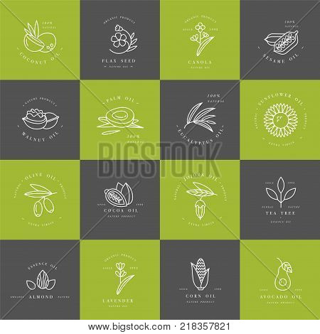 Vector set design templates and emblems - healthy and cosmetics oils. Different natural, organic oils. Logos in trendy linear style