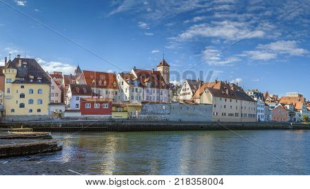 Panoramic view Regensburg historic center from Danube river Germany