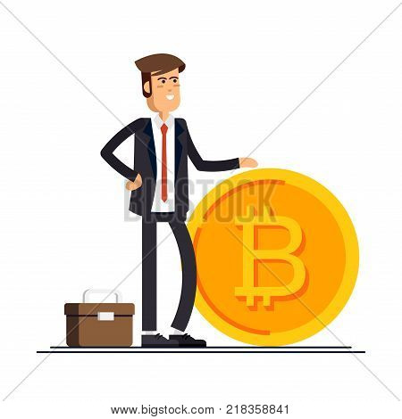 Bitcoin concept vector illustration of businessman based on golden bitcon. Online funding and making investments for bitcoin and blockchain. Flat design of new technology.