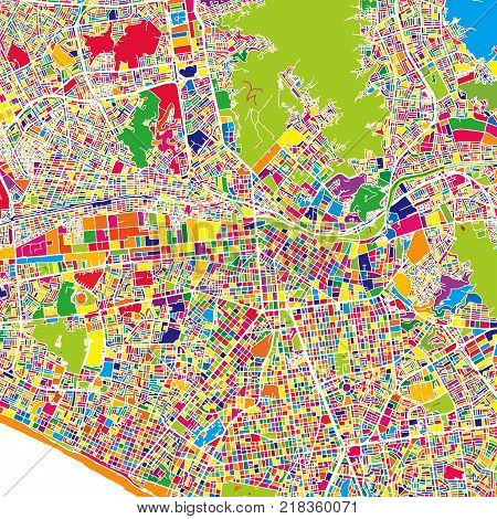 Lima, Lima District, Peru, colorful vector map.  White streets, railways and water. Bright colored landmark shapes. Art print pattern.
