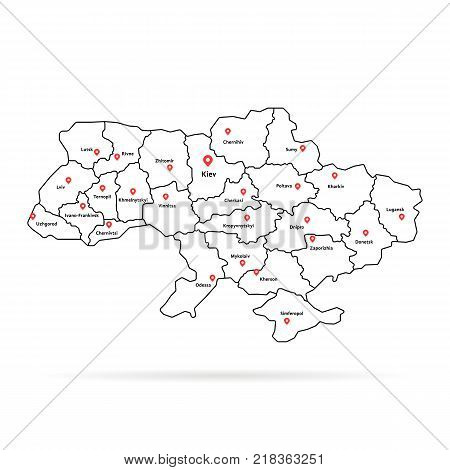 linear ukraine map pin with regional centers. concept of european regional geography or simple infographics element on white background. unusual graphic art design of detailed administrative border