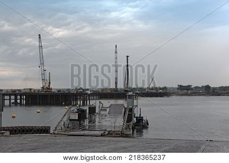 The Kazungula pontoon ferry and bridge construction site over the Zambezi between Botswana and Zambia