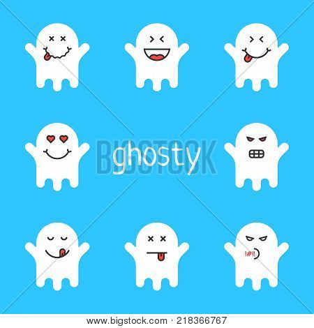 set of white emoji ghost on blue background. concept of spooky monster or wraith in costume and simple pack of social network messages. flat style trend unusual logo or graphic avatar design