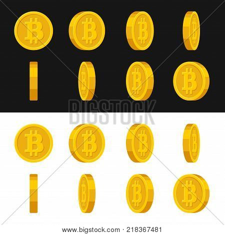 Gold Rotate Bitcoin Frames Set for Animation on Black and White Background. Vector illustration