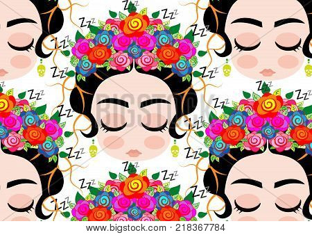 Emoji baby Mexican woman with crown of colorful flowers, typical Mexican hairstyle, little girl who snores, Background cartoon vector portrait