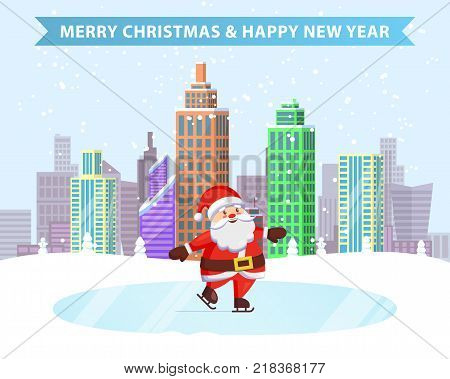 Merry Christmas happy New Year ice-skating Santa on frozen lake in snowy city park. Vector illustration with wintertime cityscape and fairy tale character
