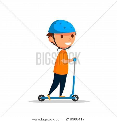 Vector boy on the kick scooter. Flat style.
