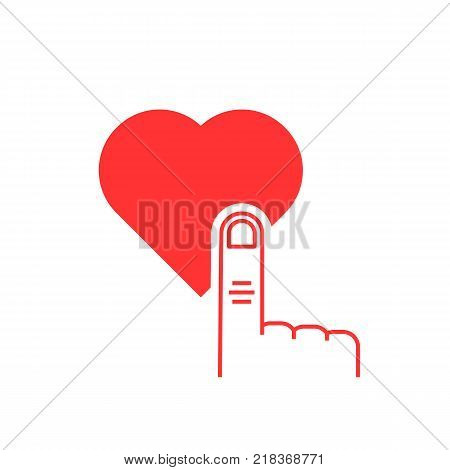 thin line finger presses on red heart button. concept of simple mark of messages as liked multimedia or find friends. flat and linear style trend modern logotype graphic art design on white background