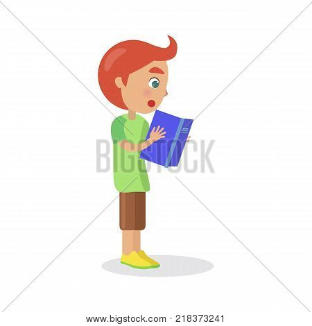 Profile of redhead boy with textbook reading interesting enciclopedia, vector illustration dedicated to International World Book and Copyright Day