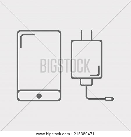 Phone with charger on a light background, executed in lines. Vector illustration.