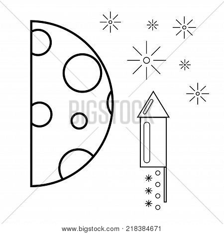 Rocket, moon and stars. Geometric vector illustration for coloring.