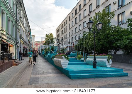 Moscow, Russia - July 25. 2017. Stoleshnikov lane is a pedestrian street in the historical center of the city